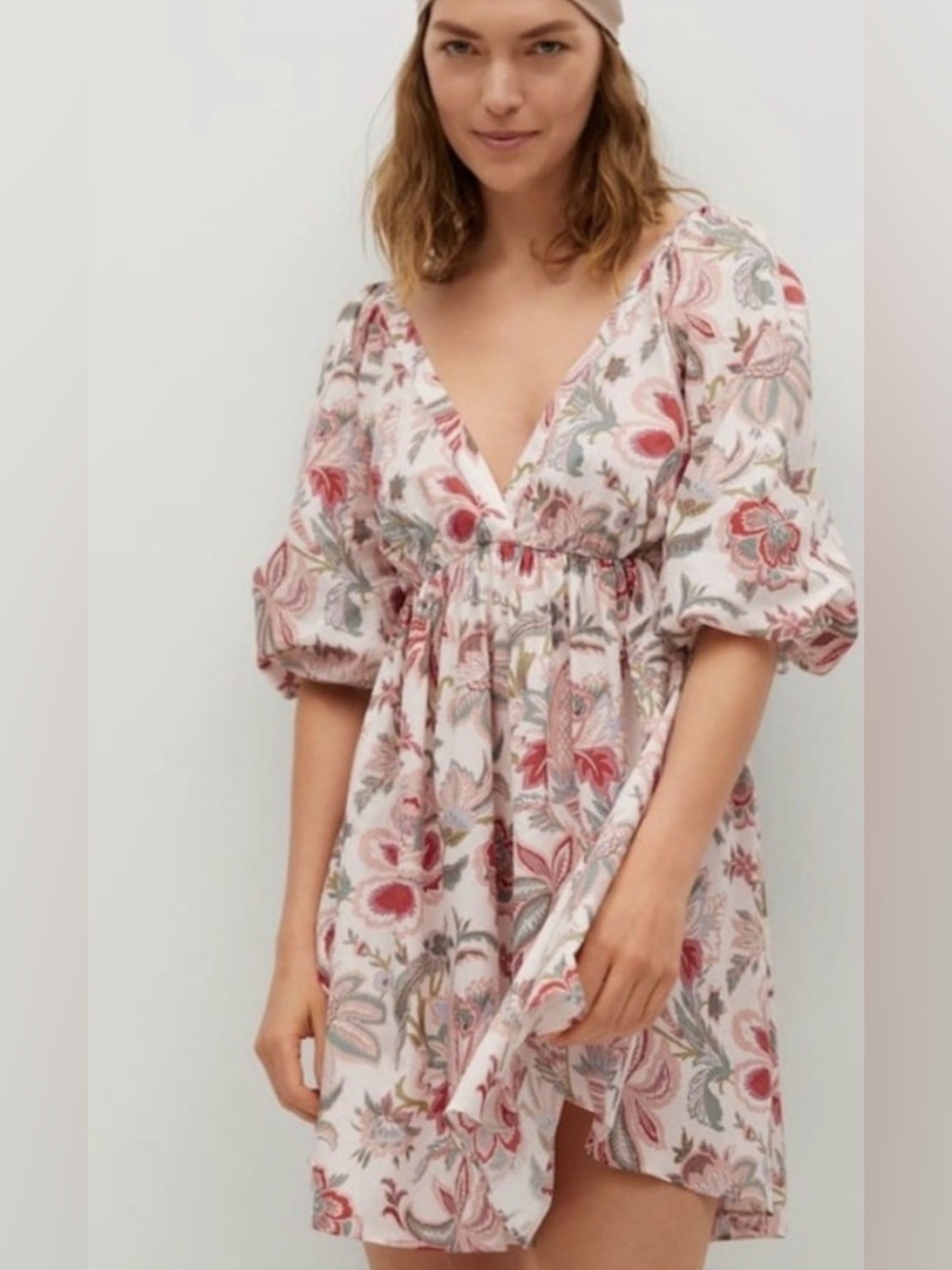 Mango x Chufy Pink Floral Midi Dress with Puff Sleeves NWT